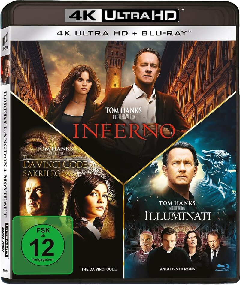 Robert Langdon 3-Movie Set - Inferno (2016) / The Da Vinci Code - Sakrileg (2006) / Illuminati (2009) 3 4K Ultra HDs + 3 Blu-rays